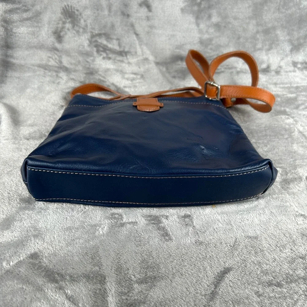 Borboletta Navy Blue Leather Crossbody Bag Tan Trim Adjustable Strap